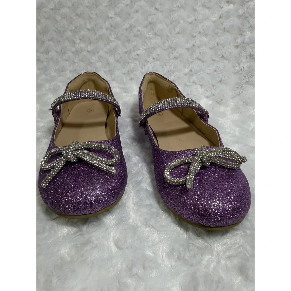 Girls Purple Glitter Rhinestone Bow Mary Jane Dress Flat Shoes Size 2
